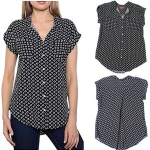 Jachs Girlfriend Top Small Black & White Cuffed Cap Sleeve Button Up Shirt Sz XL